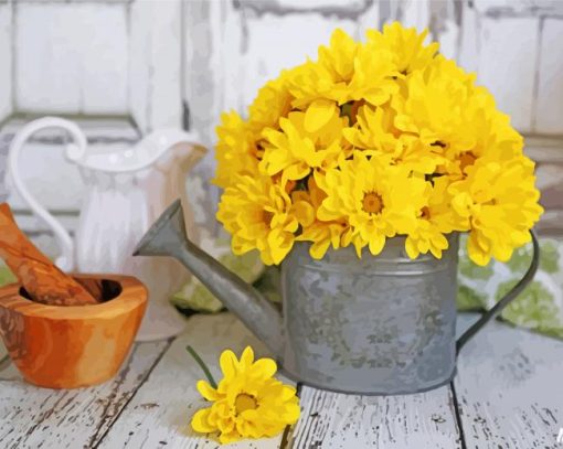 Yellow Flowers In Watering Pail Paint by numbers