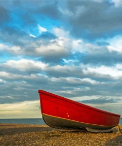 Beach With Red Row Boat paint by number