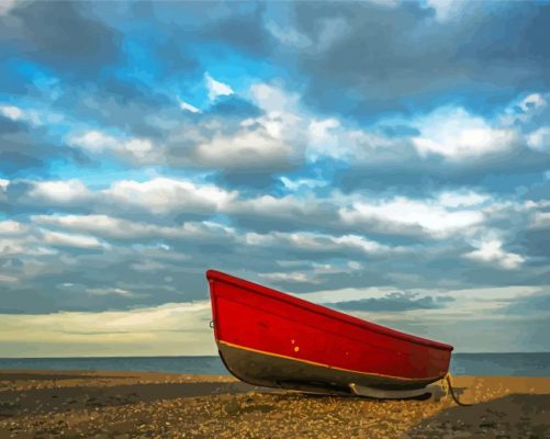 Beach With Red Row Boat paint by number