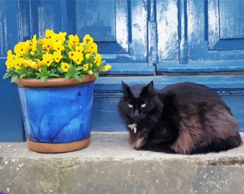 Black Cats And Flowers In Pot paint by number