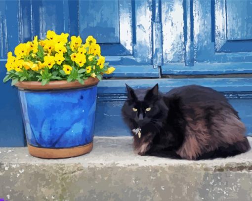 Black Cats And Flowers In Pot paint by number