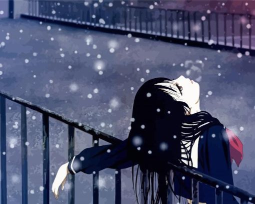 Sad Girl Anime Under Snow paint by number