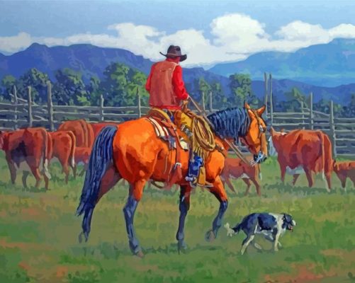 Cowboy And Dog In Farm Paint by number