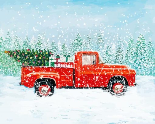 Red Truck In Snow paint by number