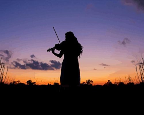 Sunset Silhouette Of Woman Playing Violin paint by number