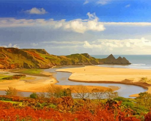 The Three Cliffs Bay Swansea Beach paint by number