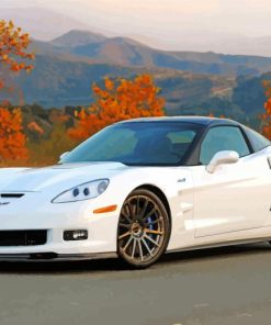 White Corvette In Fall Landscape View paint by number