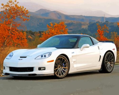 White Corvette In Fall Landscape View paint by number