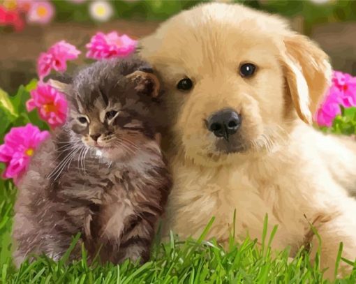 Tabby Kitten And Golden Spaniel Puppy Friends paint by number