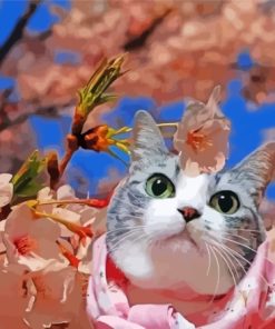 Adorable Cat In Cherry Tree paint by number