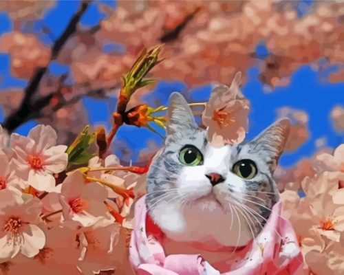 Adorable Cat In Cherry Tree paint by number