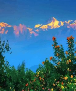 Himalayas At Sunset With Flowers paint by number