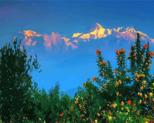 Himalayas At Sunset With Flowers paint by number