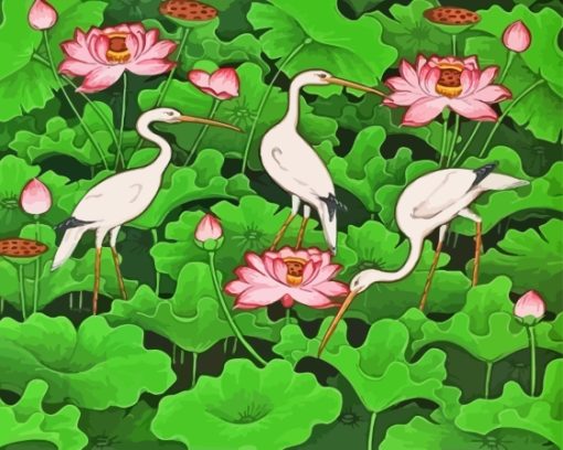 Lotus Pond Cranes paint by number