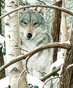 Snow Wolf Among Birches paint by number