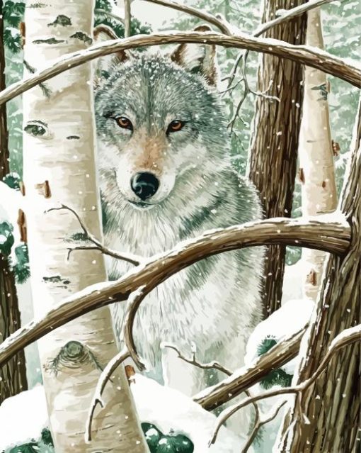 Snow Wolf Among Birches paint by number