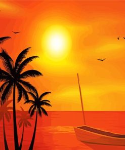 Beach Boat Palm Trees At Sunset paint by number