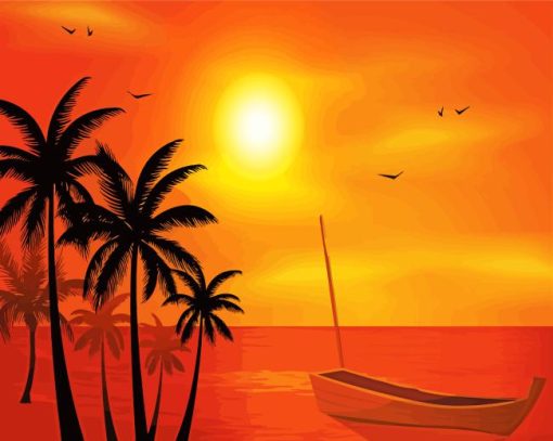 Beach Boat Palm Trees At Sunset paint by number