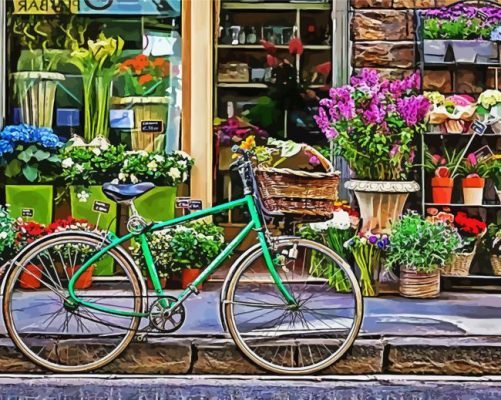 Green Bicycle At Flowers Shop By Painting With Number