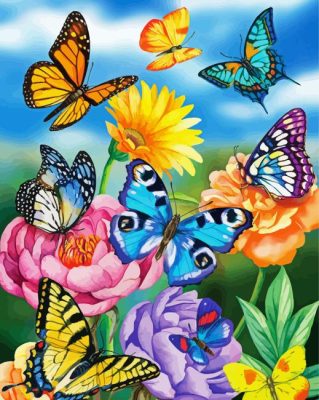 Colorful Butterflies And Flowers By Painting With Number