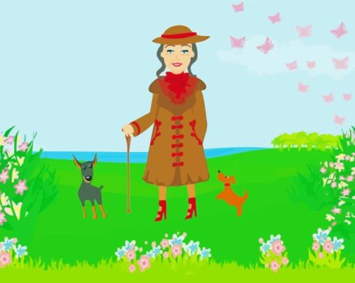 Classy Old Woman With Dogs In Field by Painting With Number