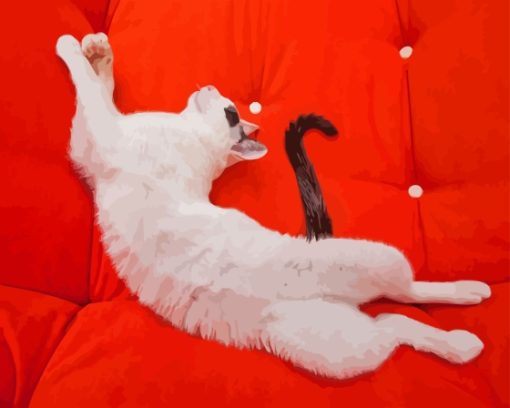 Cute White Cat With Black Tail On Sofa paint by number