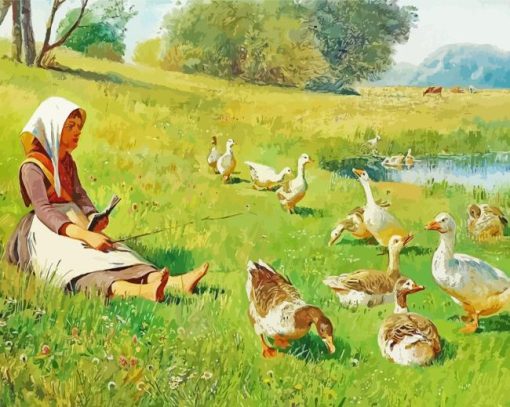 Girl With Geese By River paint by number