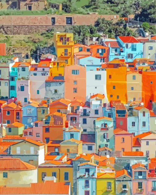 Colorful Buildings In Italy Sardinia By Diamond With Number