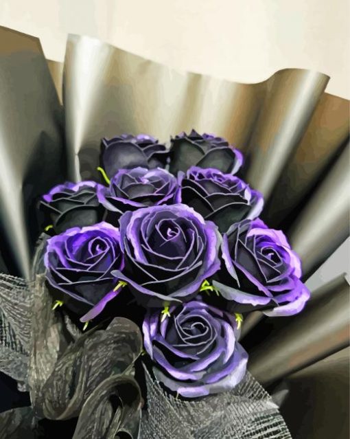 Purple And Black Flowers Roses Bouquet paint by number