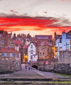 Red Sunset Robin Hood Bay England paint by number