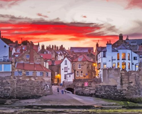 Red Sunset Robin Hood Bay England paint by number