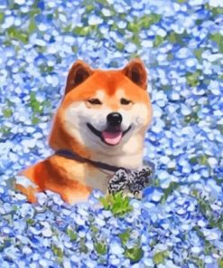 Shiba In Blue Flower Field paint by number