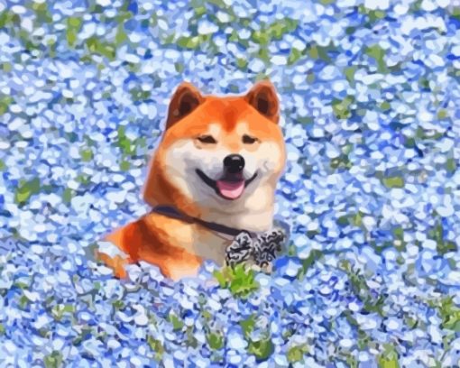 Shiba In Blue Flower Field paint by number