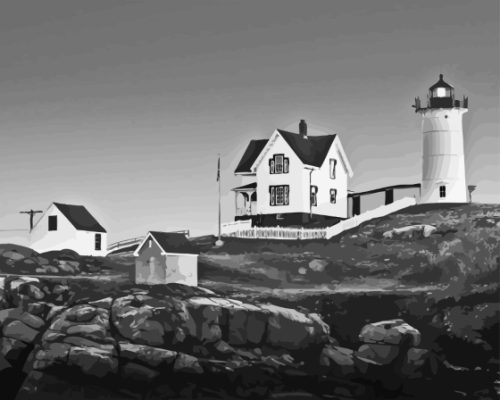 Black And White Nubble Lighthouse York Maine paint by number