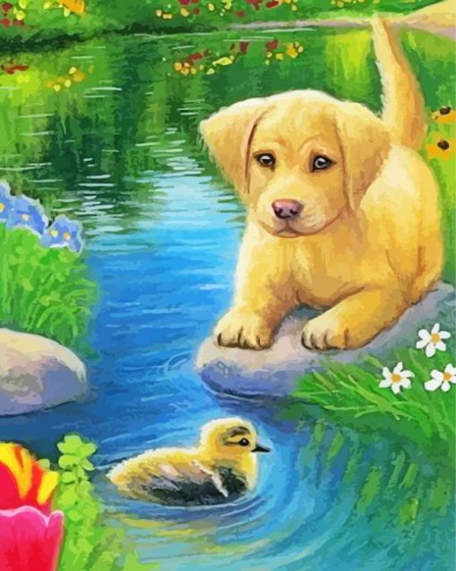 Cute Dog And Little Duck Paint By Numbers