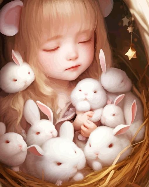 Girl And White Bunnies Paint By Numbers