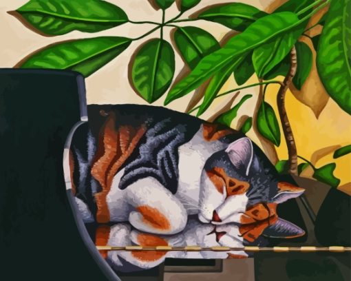 Sleepy Cat On Piano paint by number