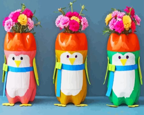 Penguin With Flowers Pots Paint By Numbers