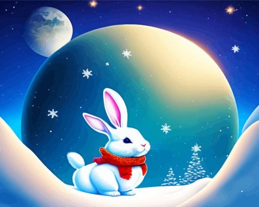 Cute White Bunny In Snow Paint By Numbers