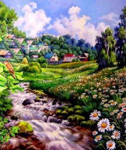 Green Field Stream Landscape Paint By Numbers