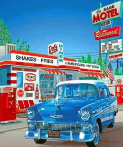 Blue Car Gas Station Paint By Numbers