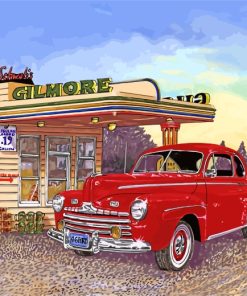 Red Car Gas Station Scene Paint By Numbers