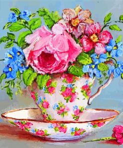Pink Floral Tea Cup Paint By Numbers