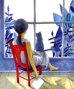 Girl and Cat by Window Paint By Numbers