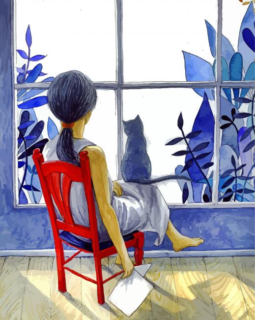 Finalizing Girl and Cat by Window artwork