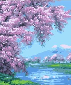 Cherry Blossom River Landscape Paint By Numbers