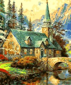 Mountain River Church Landscape Paint By Numbers