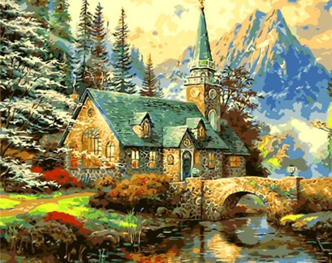 Mountain River Church Landscape Paint By Numbers