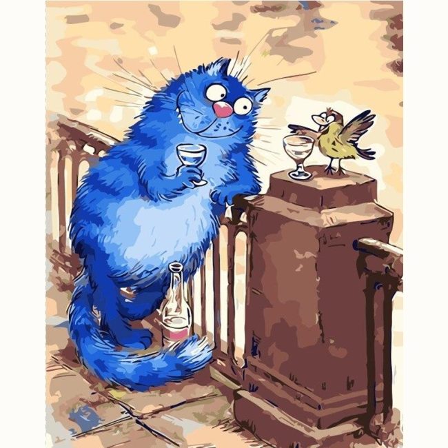 Blue Cat with Bird Animals Paint By Numbers