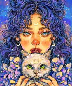 Moon Girl with Cat Companions Paint By Numbers